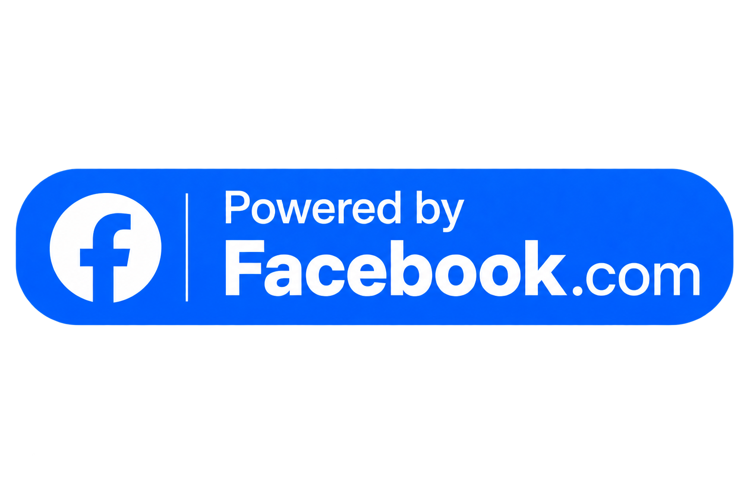 Blue button featuring the Facebook f logo on the left and the text Powered by Facebook.com on the right, all on a white background.