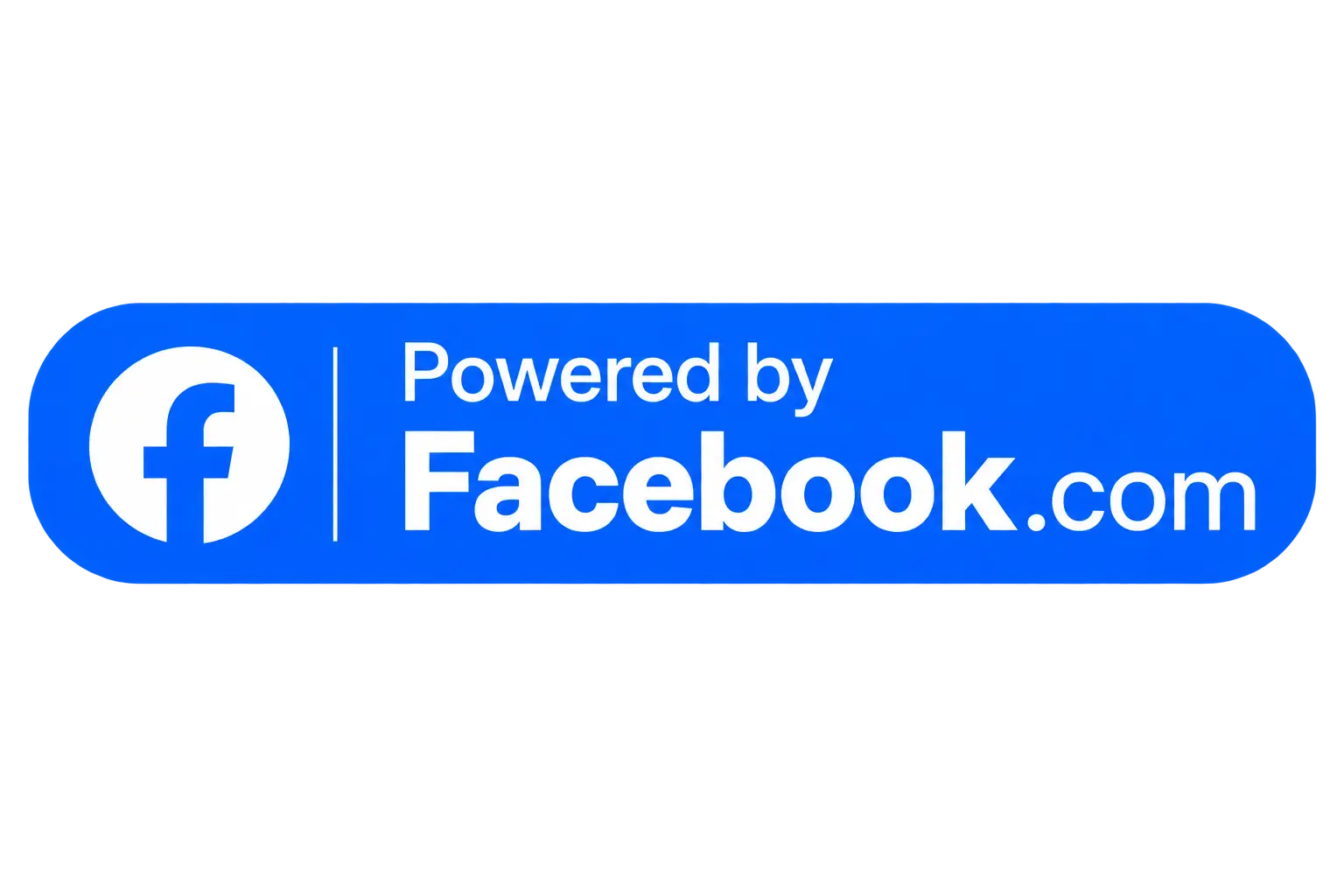 A blue button with the Facebook logo on the left and the words Powered by Facebook.com on the right, all on a white background.