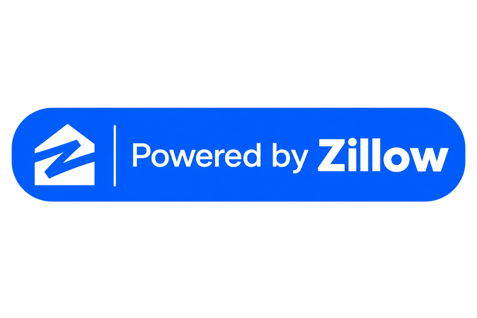 Blue rectangle with a white house logo on the left and the text Powered by Zillow in white and bold blue on the right.