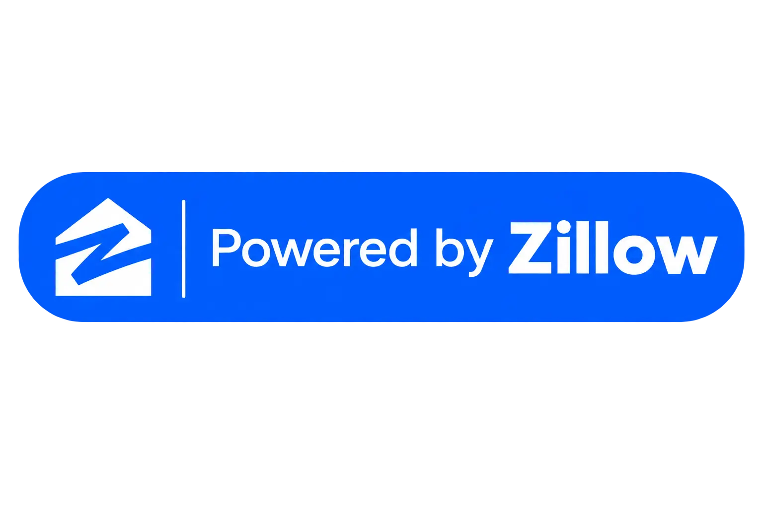 A blue rounded rectangle with a white house symbol on the left and the words Powered by Zillow in white and blue text on the right.