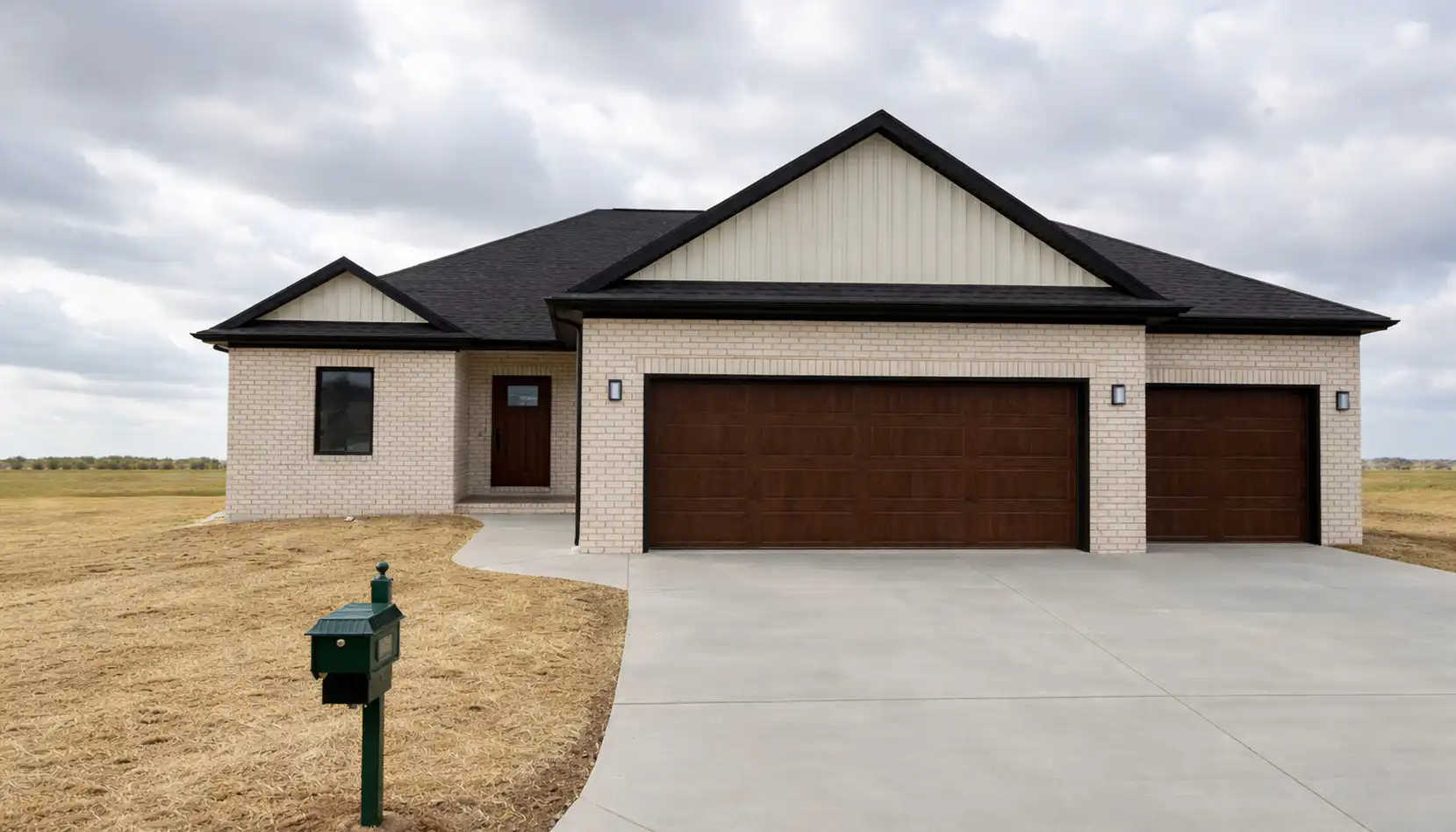 Modern Leo single-story brick house with dark roof, three-car garage, and concrete driveway.