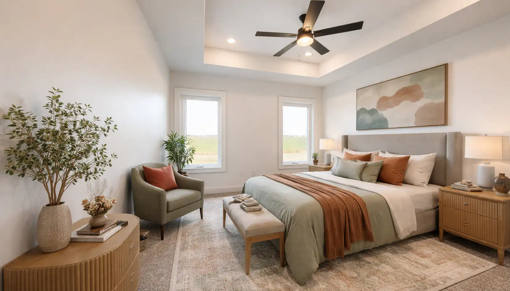 Modern Leo bedroom with earthy bedding, warm wood furniture, abstract art, and lush plants.