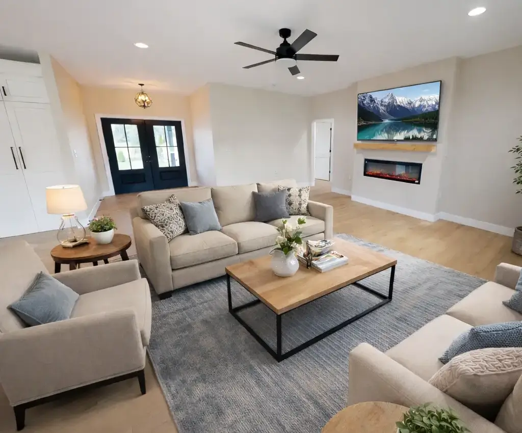 Bright living room with beige sofas, a wood coffee table, blue-gray rug, wall-mounted TV above an electric fireplace, and double front doors in the background. Modern decor with plants and neutral tones throughout make this move-in ready home for sale both inviting and stylish.
