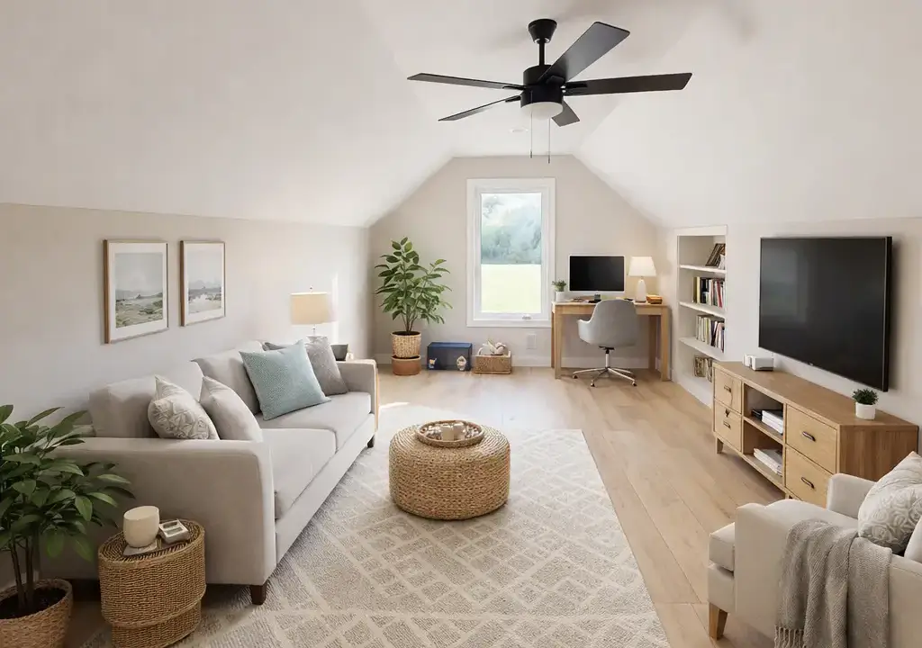 Bright, move-in ready living room with a sofa, ottoman, TV, desk with computer, plants, and a ceiling fan. Light wood floors and a large window let in natural light. Decor includes framed art and baskets—making this home for sale feel both welcoming and stylish.