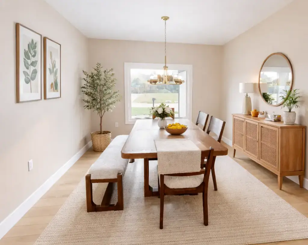 Modern dining room in a move-in ready home featuring a wooden table, six chairs, sideboard, potted plant, wall art, round mirror, and an elegant chandelier. Neutral tones and natural light from a large window create a cozy atmosphere—perfect for your new home for sale.
