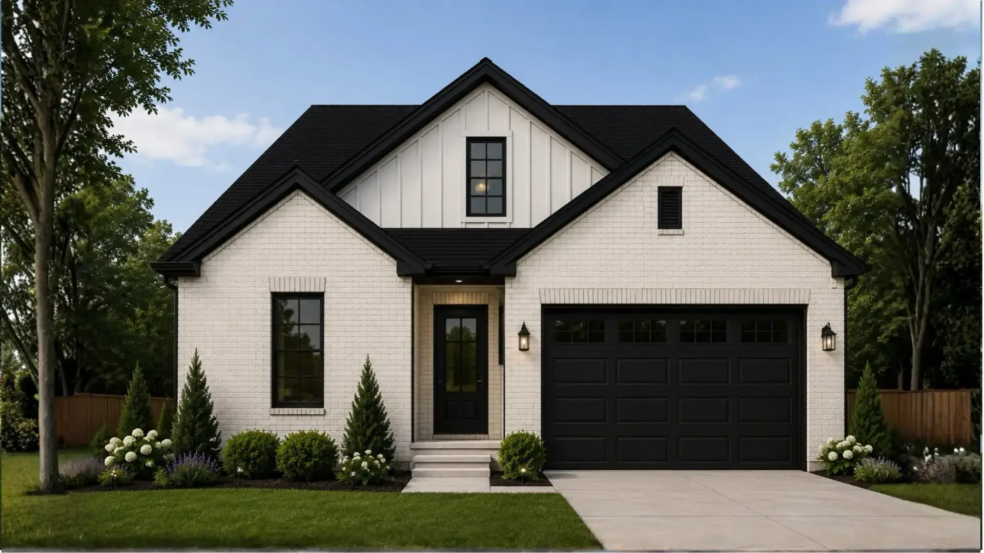 Modern single-story Eleanor 3-car house with white brick exterior, black roof, and spacious three-car garage. Neatly landscaped yard with shrubs, flowers, and a small lawn under a blue sky.