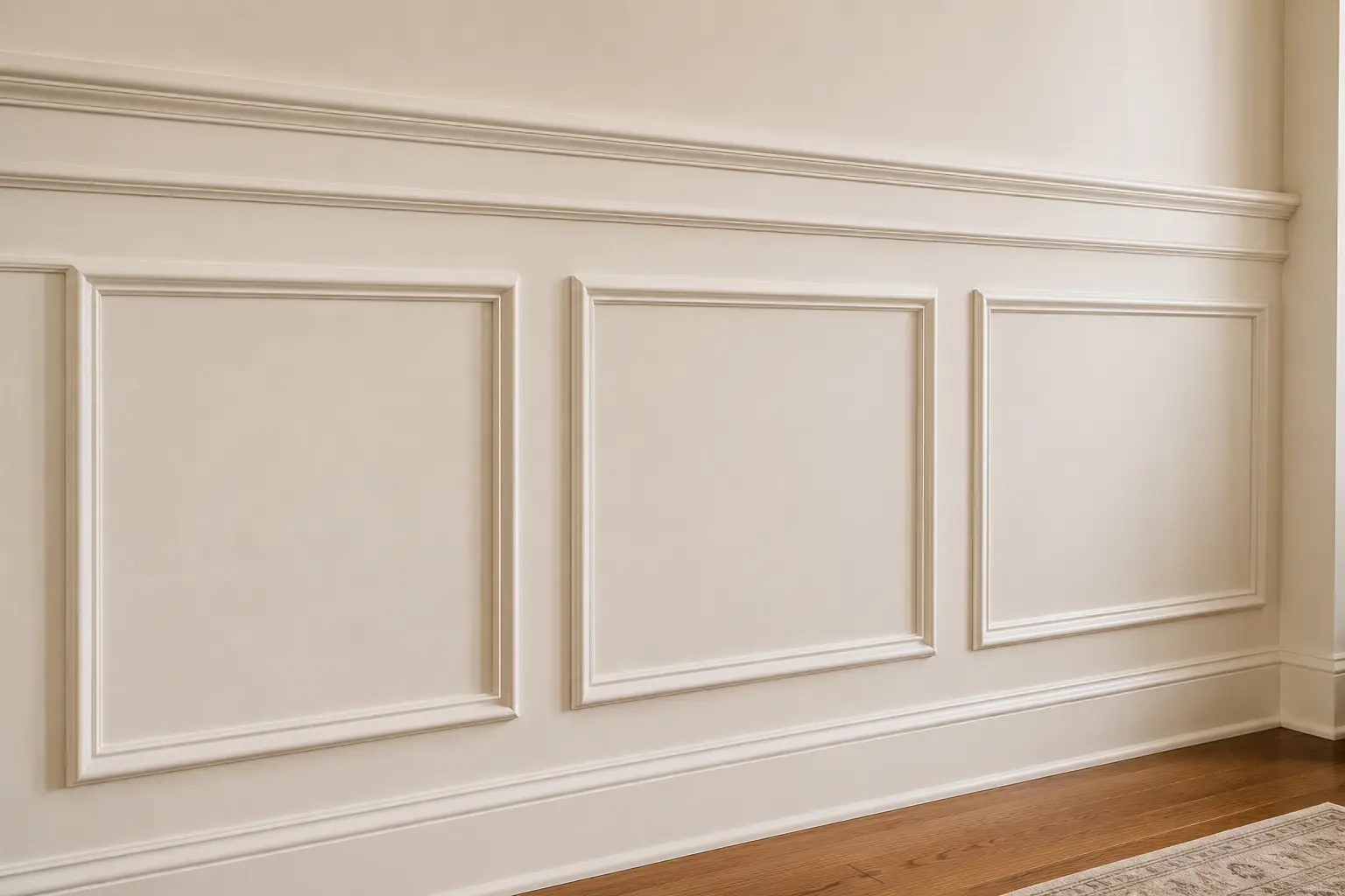 Elegant cream wall with gallery-style molding and warm hardwood flooring in a custom home.