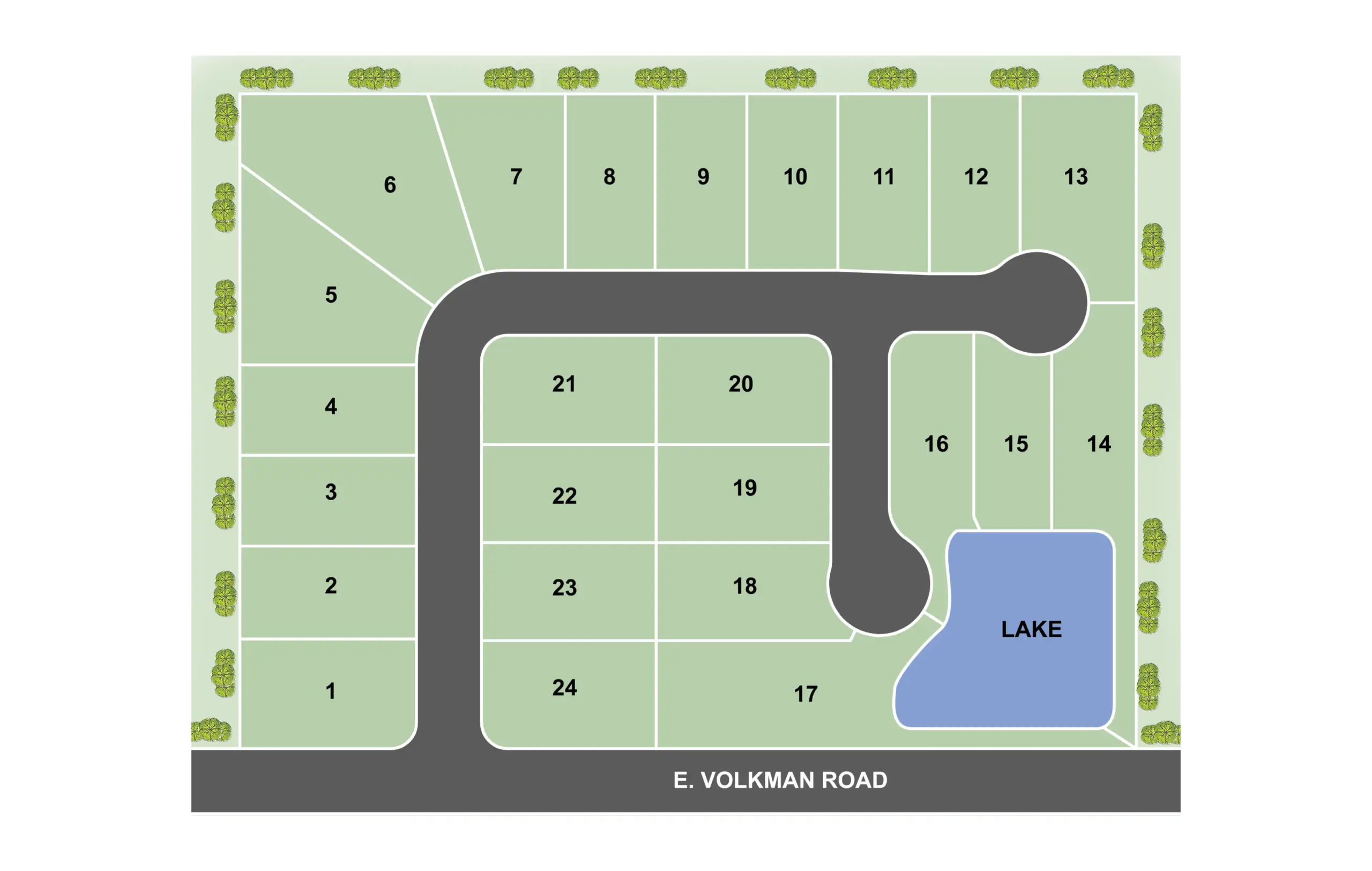 Eagle Point at Cambridge subdivision map with 24 new home lots and lake in Evansville, Indiana.
