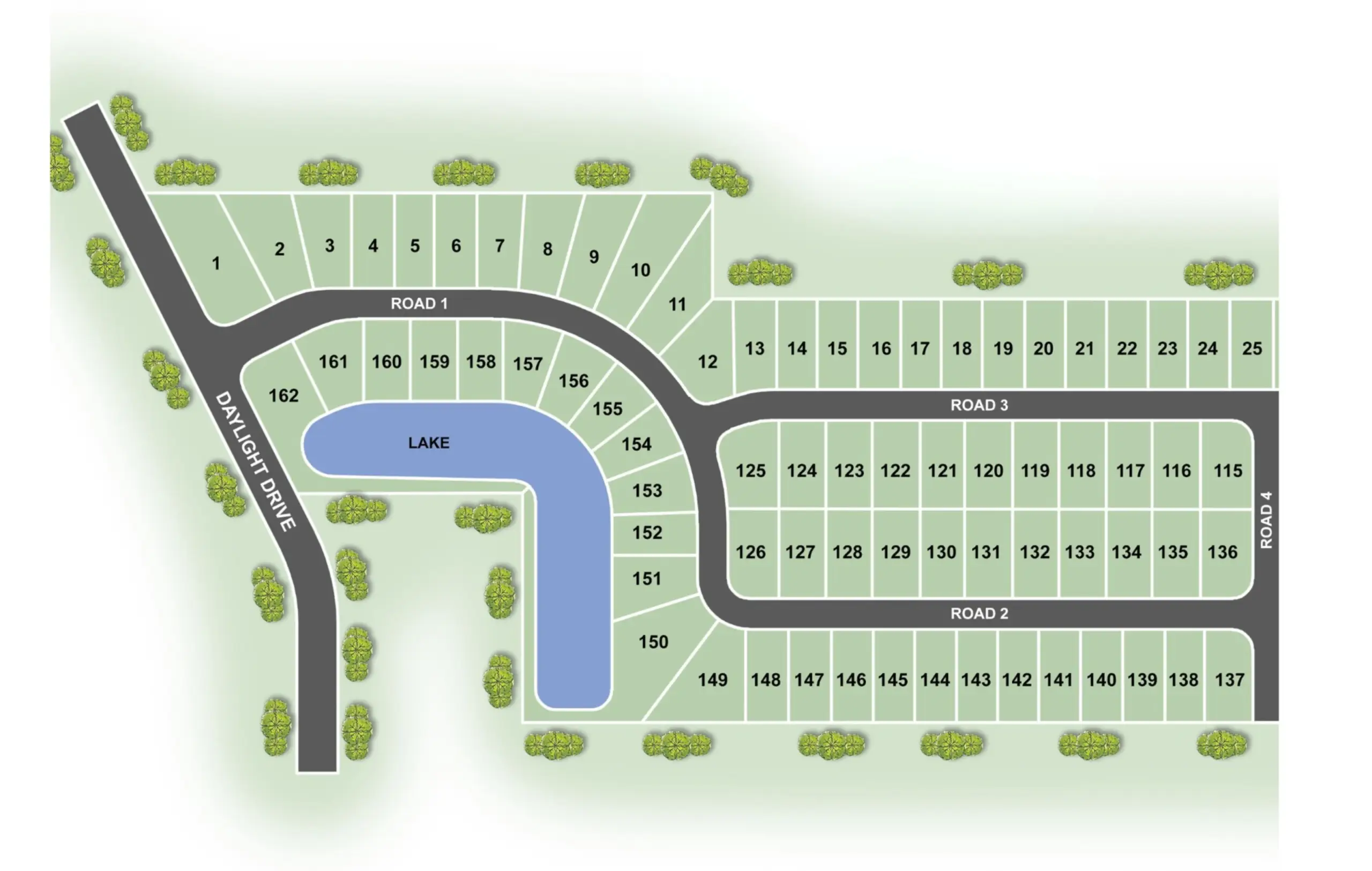 Green River Meadows subdivision map showing numbered lots, roads, and lake in Newburgh, Indiana.