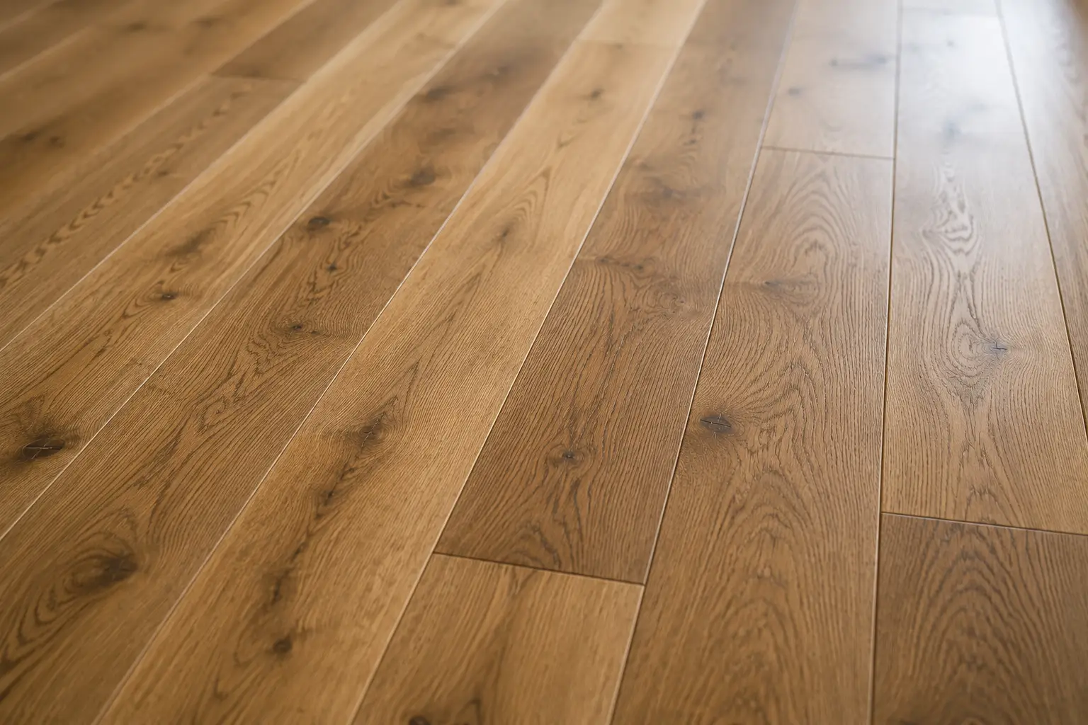 Light brown hardwood floorboards with natural grain and dark knots in a custom home.