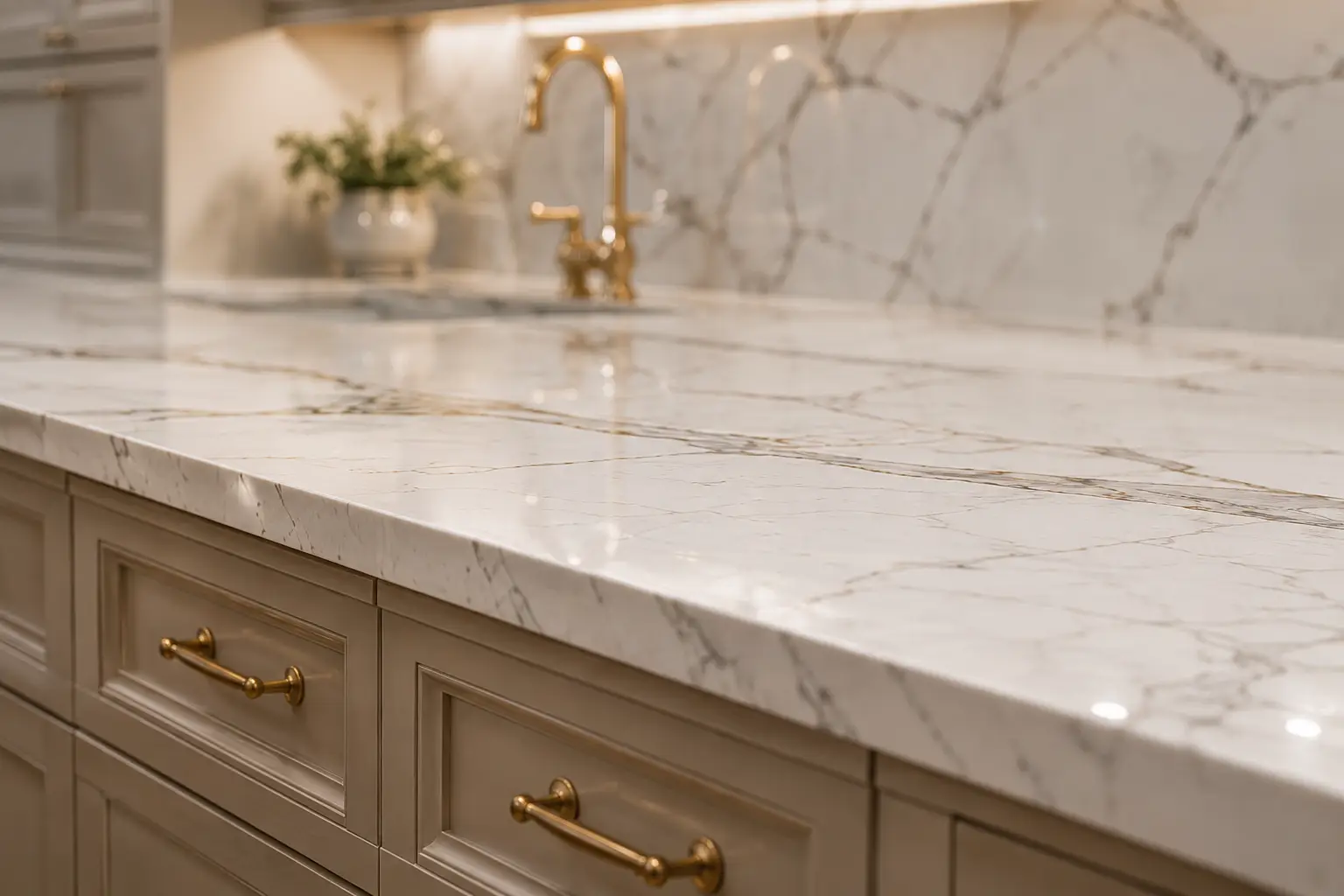 Custom home gallery featuring a marble kitchen countertop, taupe cabinets, and gold accents.