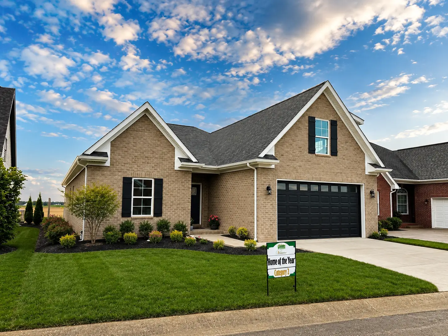 Award-winning modern tan brick home with black garage and manicured lawn.