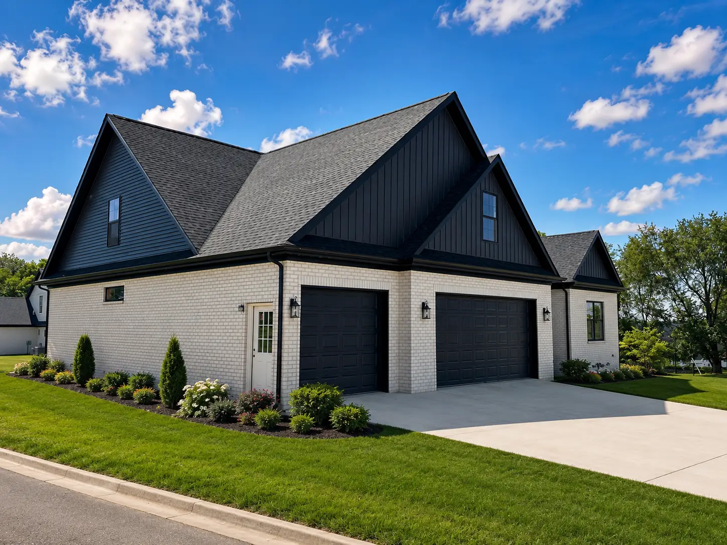 Modern brick home exterior gallery with black garage doors, steep gables, and landscaped lawn.
