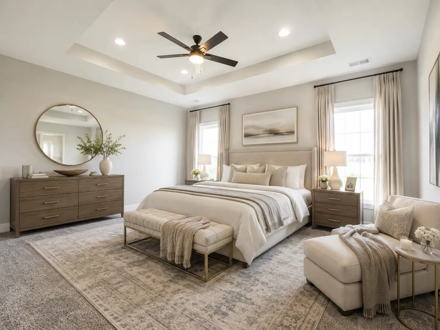 Elegant neutral bedroom gallery with upholstered bed, tufted bench, and cozy chaise lounge.