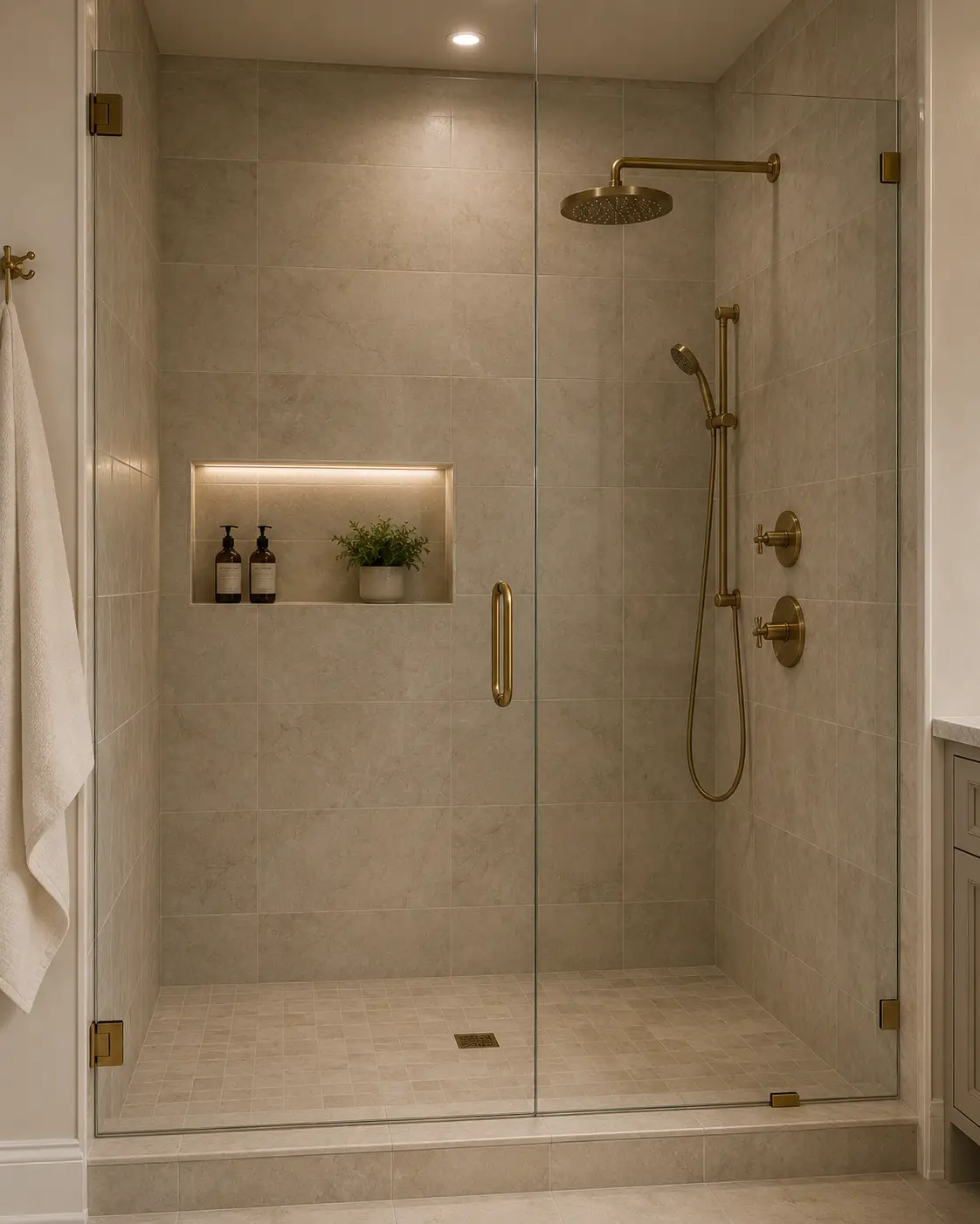 Modern walk-in shower with beige tile, frameless glass, gold fixtures, and illuminated niche.