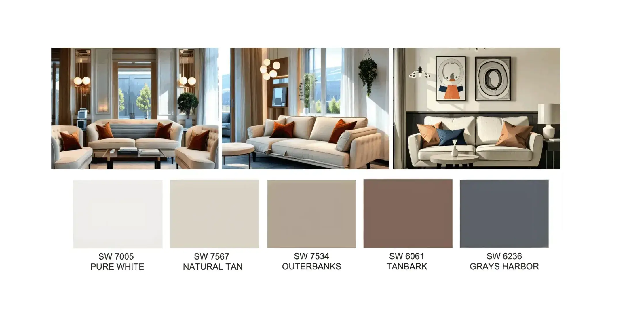 Revived Refuge living room mood board with cream sofas, warm neutrals, and blue-gray paint swatches.