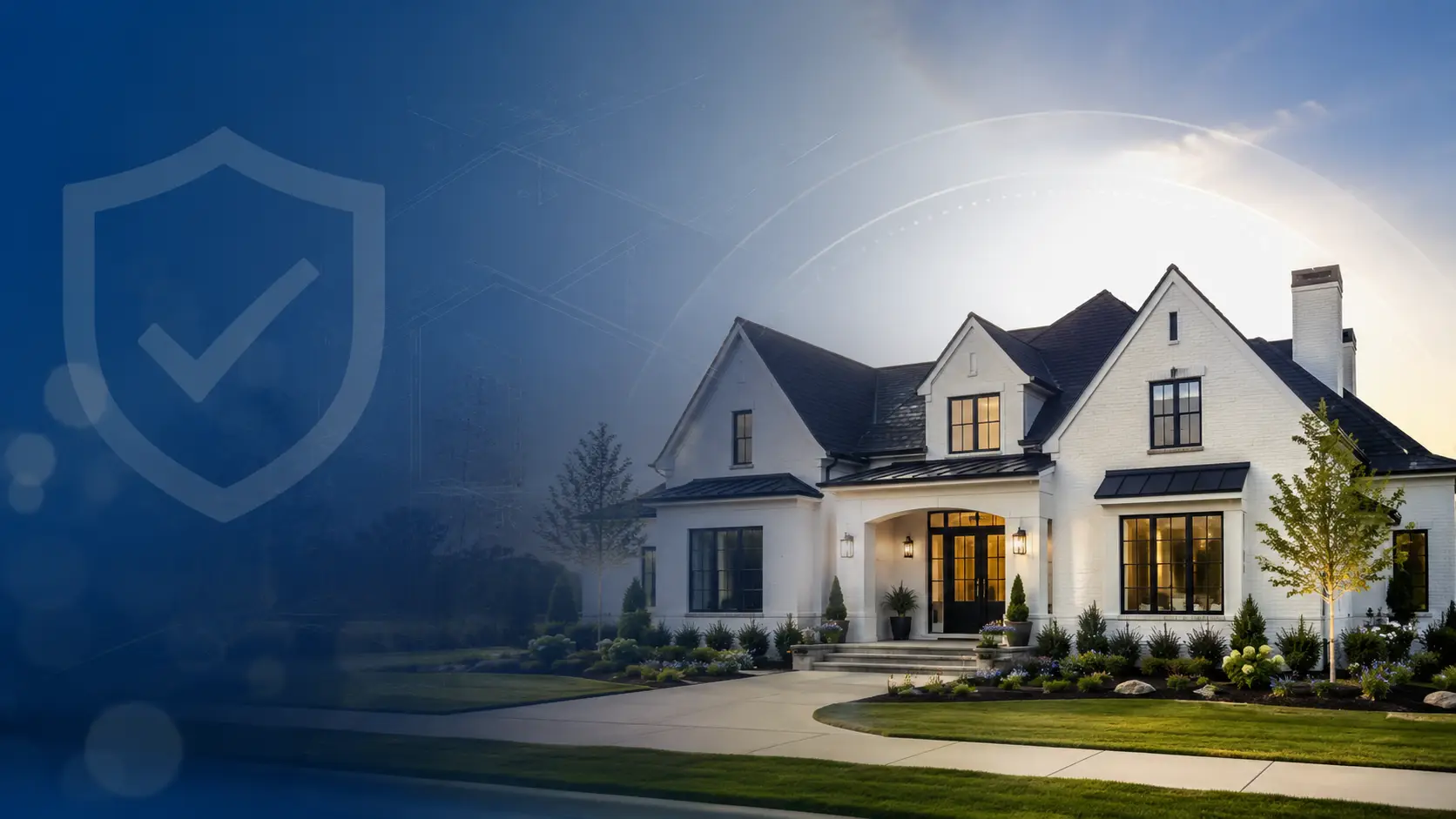 New home warranty protection for a modern Evansville, Indiana, house at dusk.