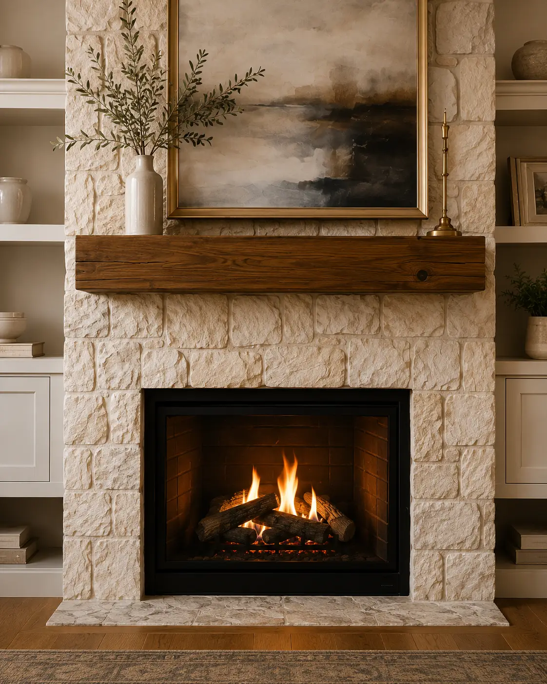 Custom home gallery with a lit stone fireplace, rustic wood mantel, and abstract artwork.