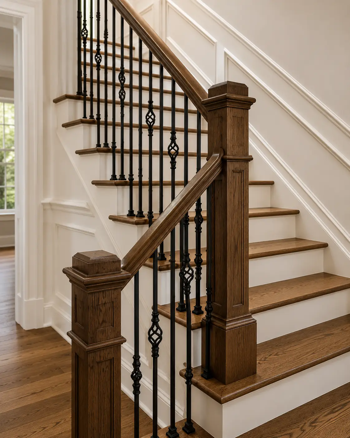 Custom home gallery featuring a traditional wood staircase with black iron balusters and white risers.