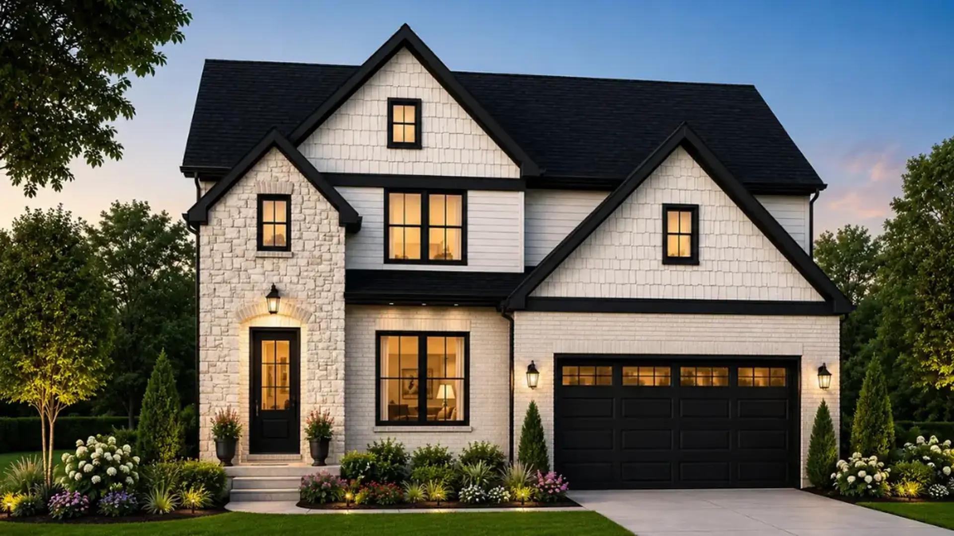 Modern two-story Theo house with white siding, stone accents, black-framed windows, and a sleek black garage door. The home is well-lit and showcases a manicured lawn, shrubs, and vibrant flowers in front.