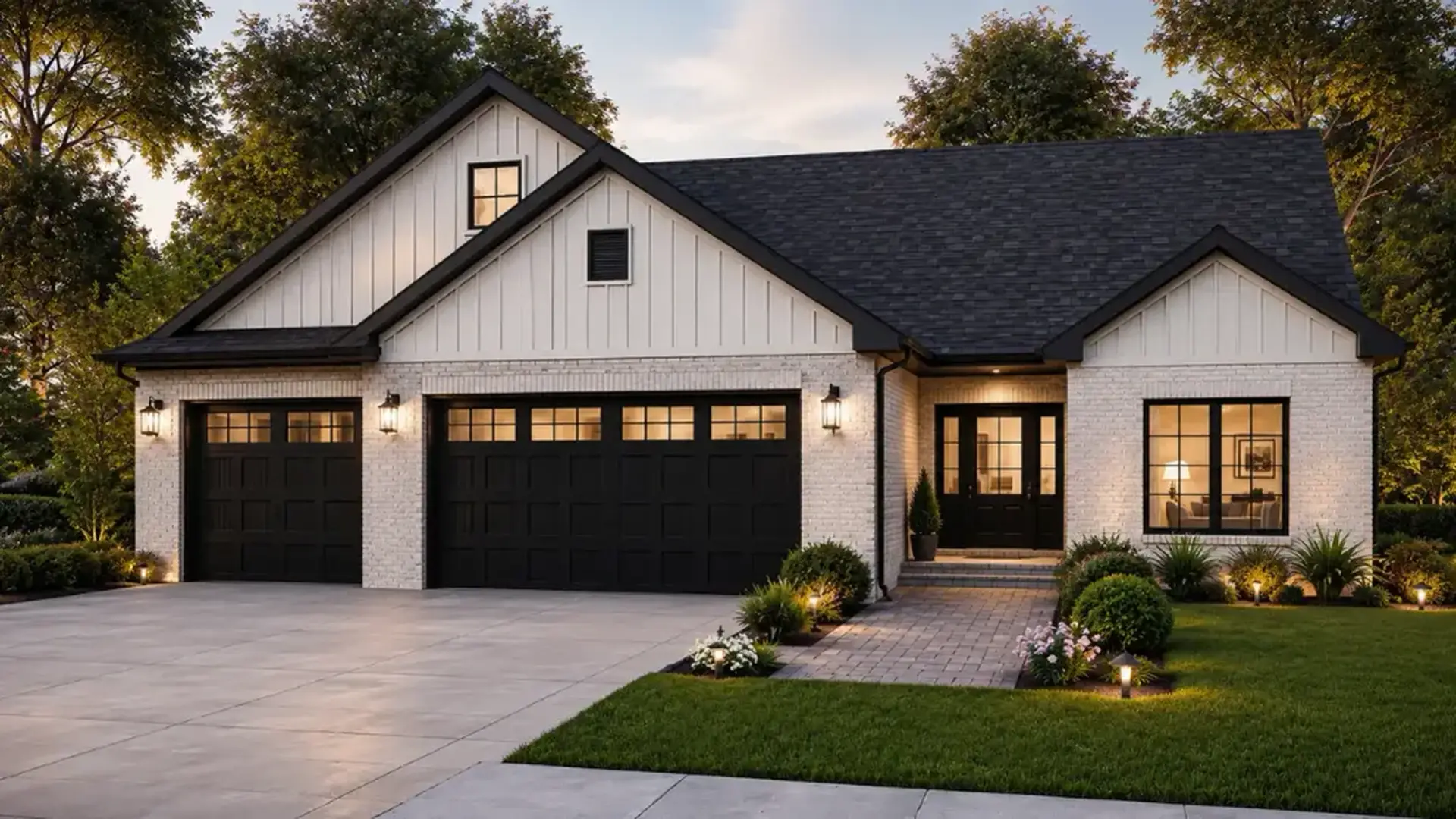 Modern single-story house with white brick exterior, black garage doors, large windows, and landscaped front yard, illuminated by outdoor lights at dusk—perfectly embodying Theo’s signature contemporary style.