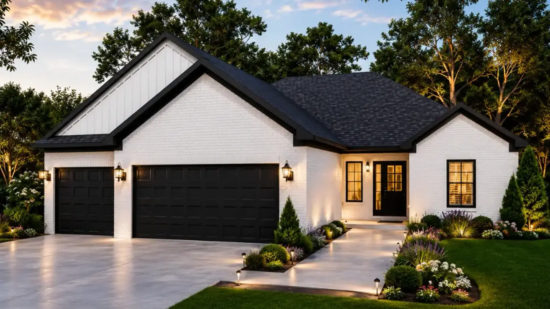Modern single-story house with white brick exterior, black roof and garage door, illuminated porch, manicured lawn, flower beds, and pathway lights at sunset—an inviting Theo-inspired design that perfectly balances elegance and comfort.