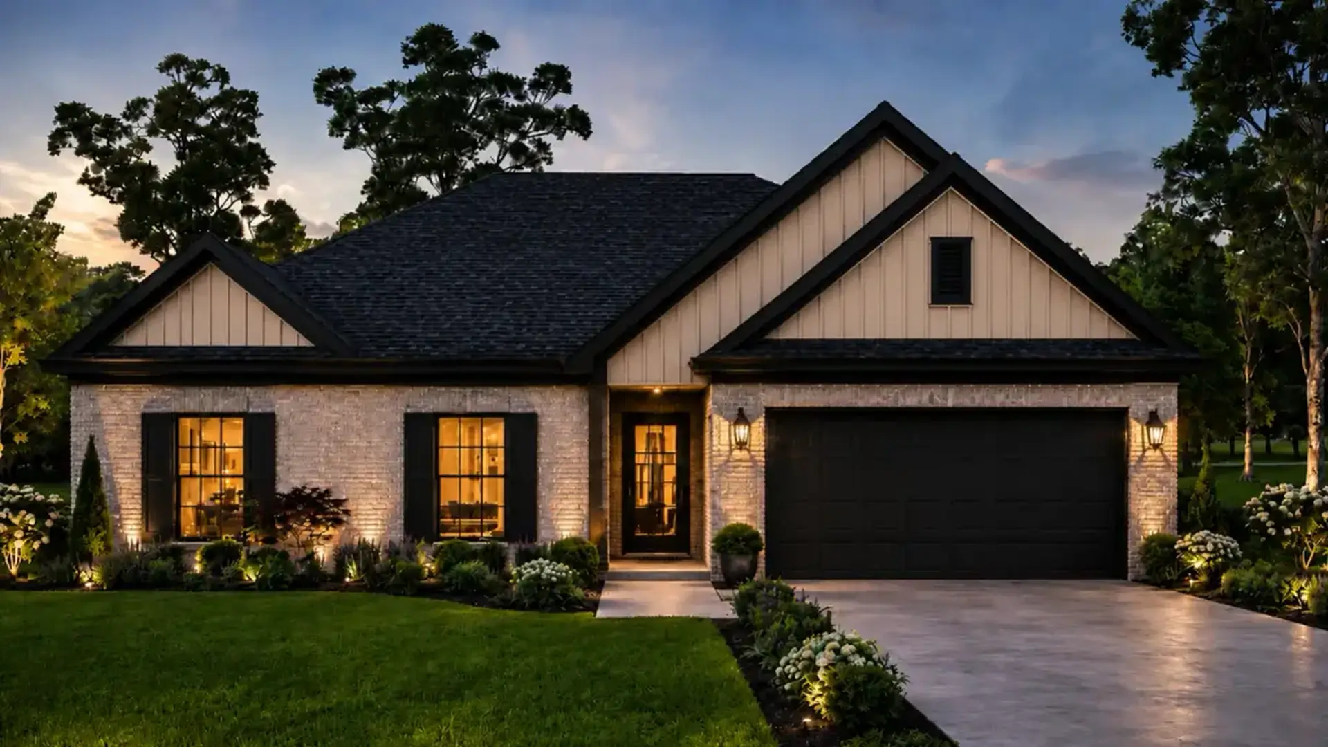 Modern single-story house with a black roof, cream brick exterior, black garage door, and warmly lit windows, surrounded by green grass and landscaped bushes at dusk—a Theo design that perfectly balances contemporary flair with inviting comfort.