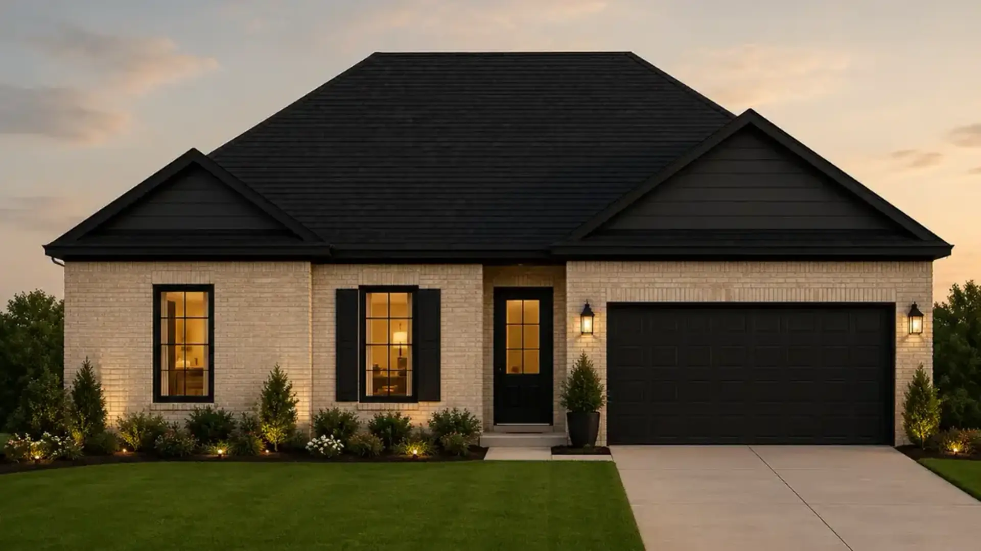 Modern single-story house with beige brick, black roof, black trim, and windows glowing with warm interior lights, radiates a welcoming ambiance at sunset. Theo’s home features a sleek black front door and garage, framed by small shrubs and a neatly mowed lawn for timeless curb appeal.