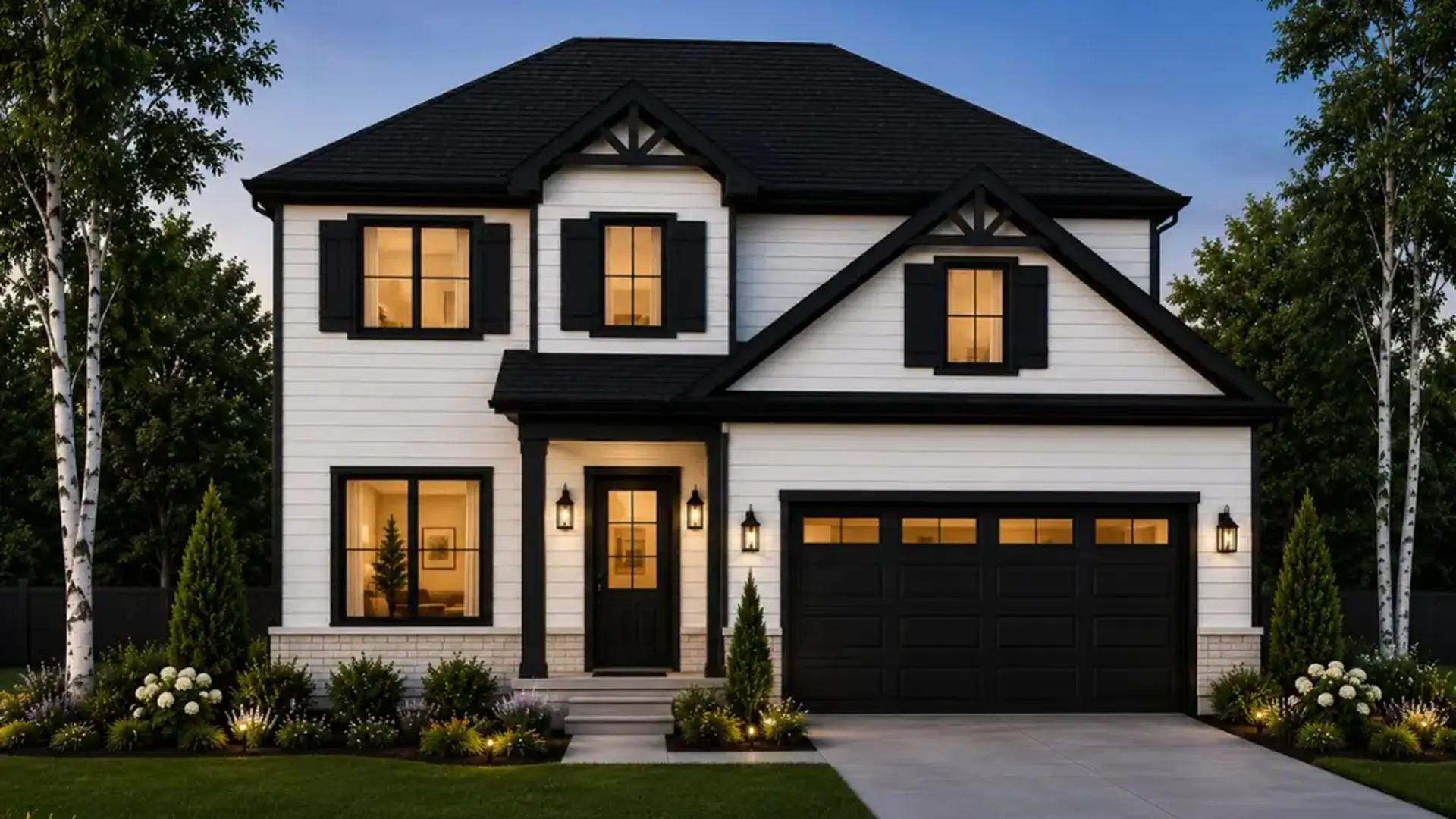 Two-story modern house with white siding, black shutters, large windows, and a black double garage. The Theo-inspired front yard features trimmed bushes and outdoor lighting, with a concrete driveway and path leading to the door.