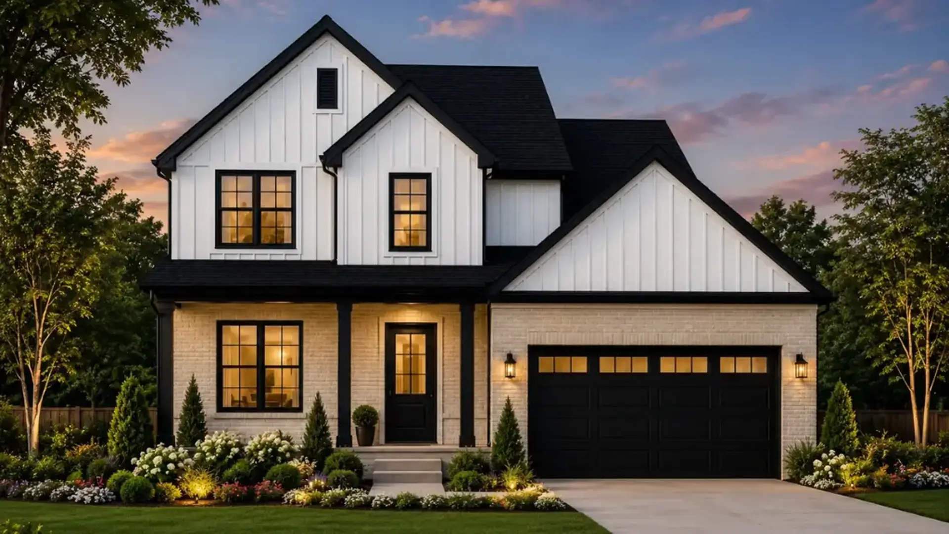 Modern two-story house with white siding, black trim, and a black garage door, warmly lit windows, and a charming front porch with steps—this Theo-inspired home features a well-kept lawn and vibrant flower beds at sunset.