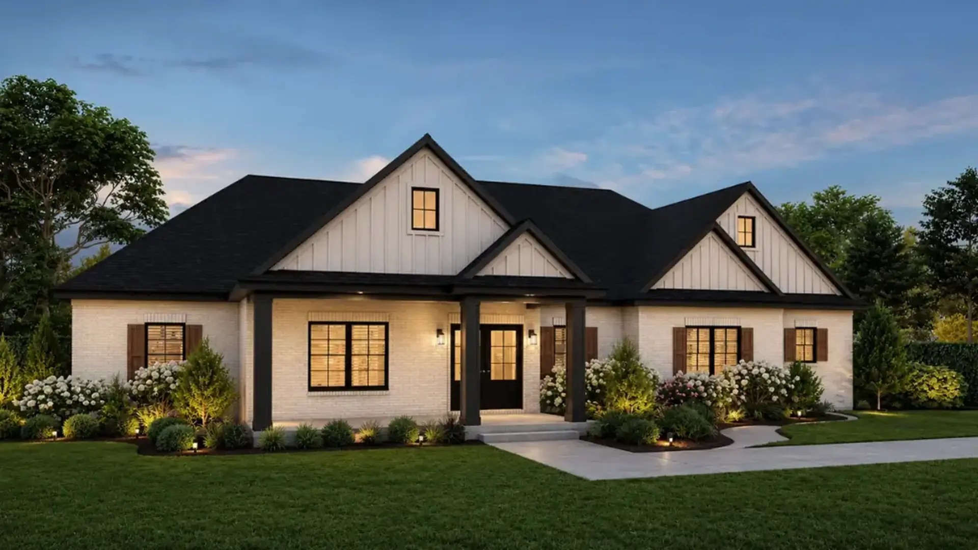 A modern farmhouse-style home, designed by Theo, features white siding, a black roof, large front windows, a dark front door, porch columns, exterior lights, and a landscaped yard with green grass and shrubs at dusk.