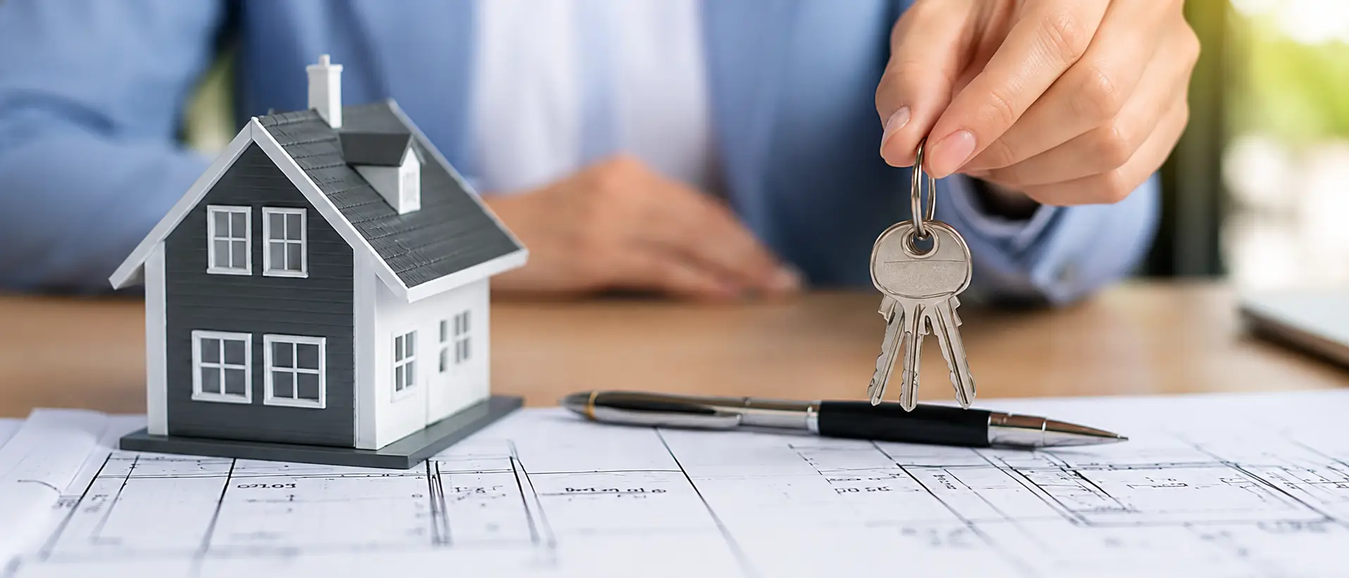 Hand holding keys beside a model house and mortgage financing plans.