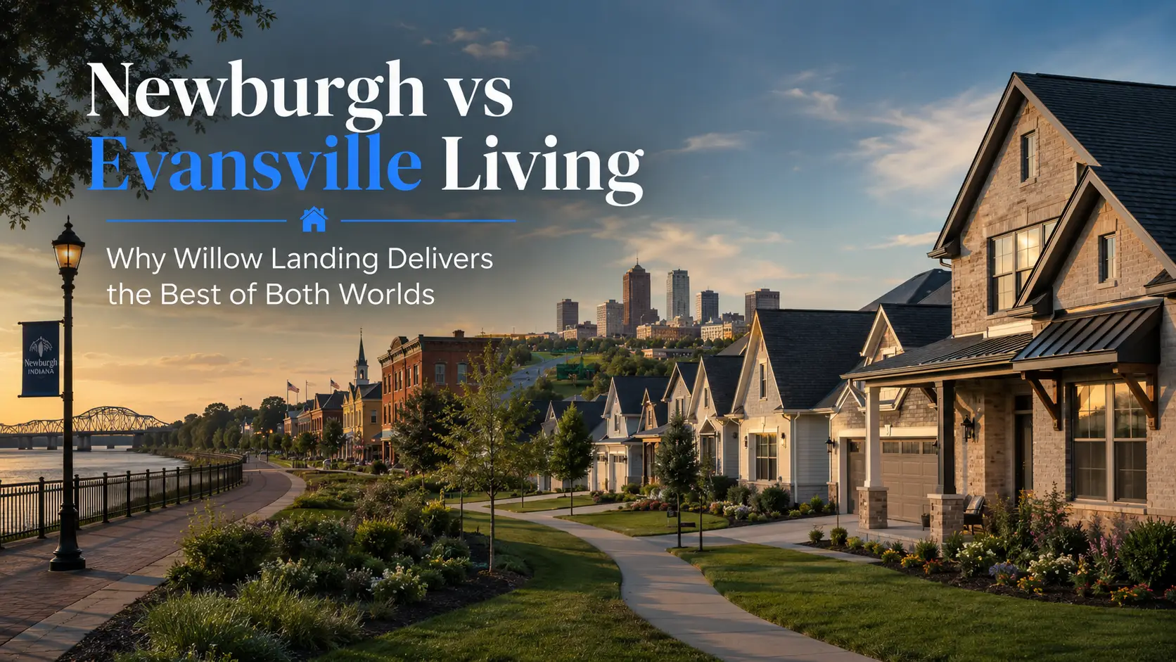 Willow Landing new homes in Newburgh, Indiana, beside a scenic riverfront with Evansville skyline views.