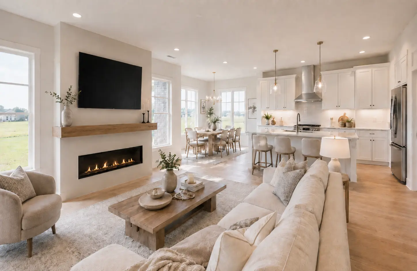 Modern open-concept living room and kitchen with neutral decor, large sofa, wall-mounted TV, fireplace, wooden coffee table, pendant lights, bar stools, and dining area with large windows—perfect for displaying your favorite artwork in a stylish gallery setting.