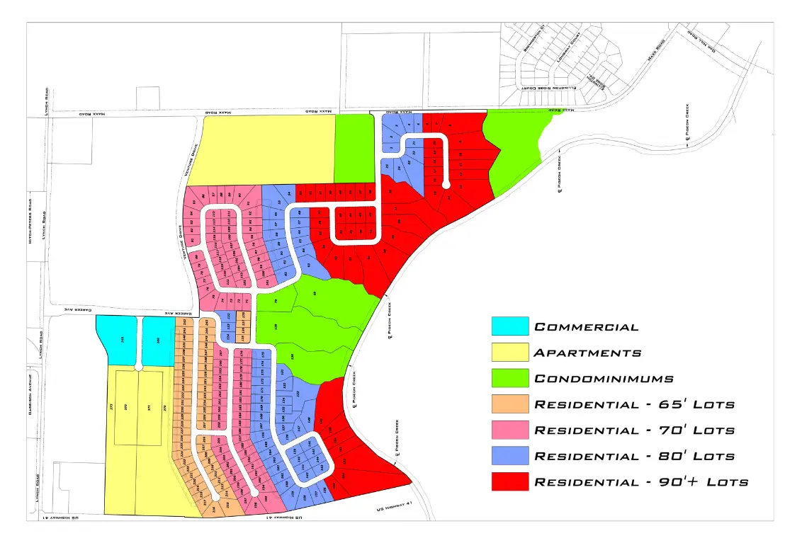 Color-coded map showing the planned Briar Pointe Subdivision community, with areas designated for commercial, apartments, condominiums, and residential lots of various sizes. A legend on the right explains the color coding for each zone within Briar Pointe.