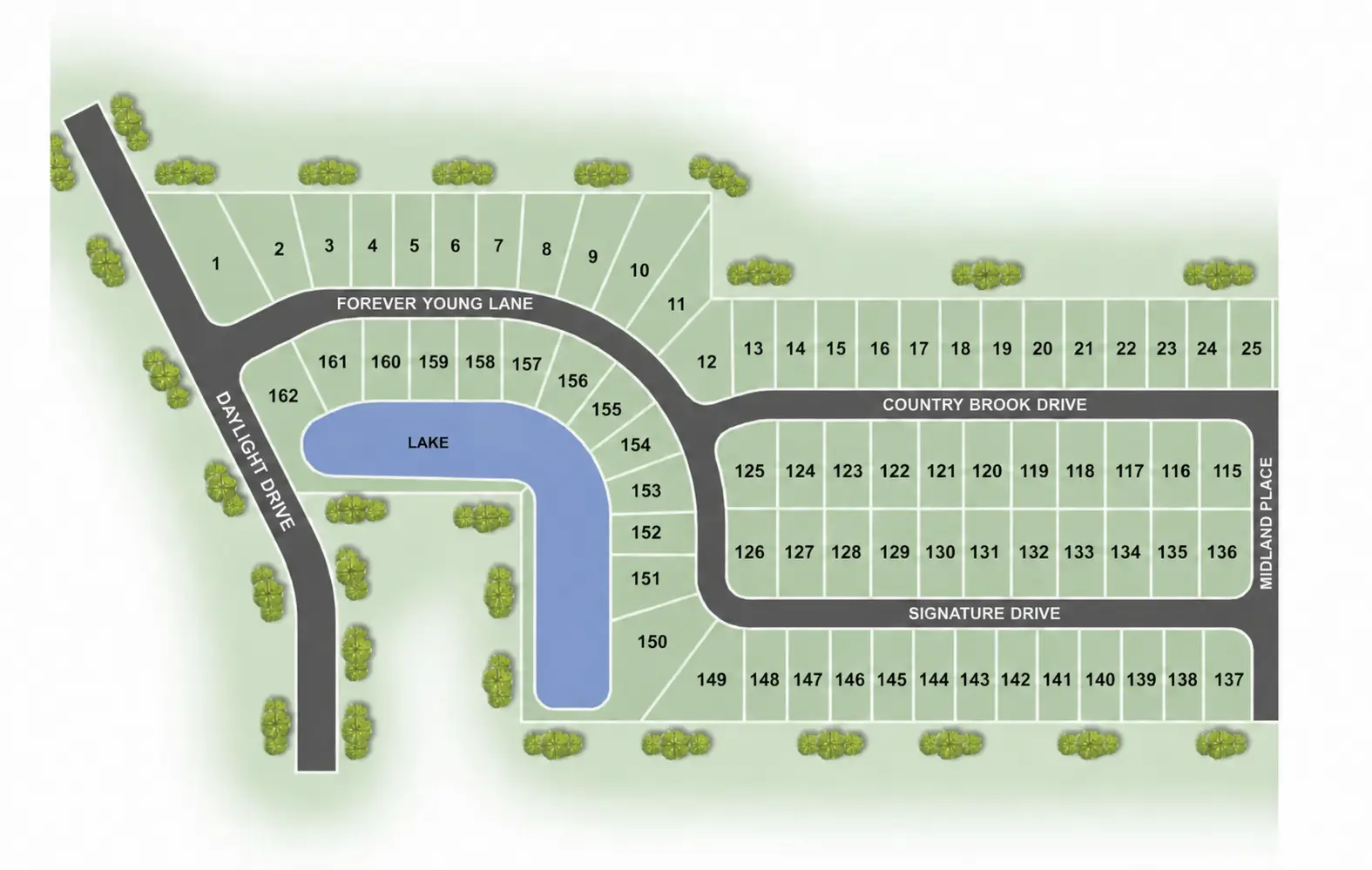 Map of numbered lots in Daylight Estates around a lake: Forever Young Ln, Signature, Country Brook.