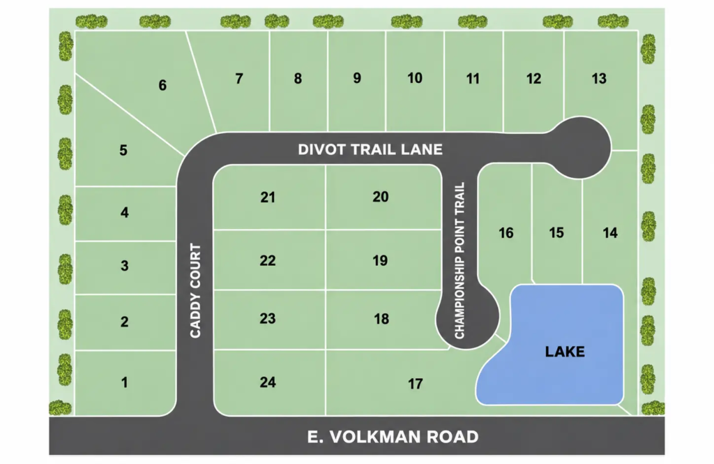 A neighborhood plot map of Eagle Point subdivision with numbered lots, roads, cul-de-sac, and lake.