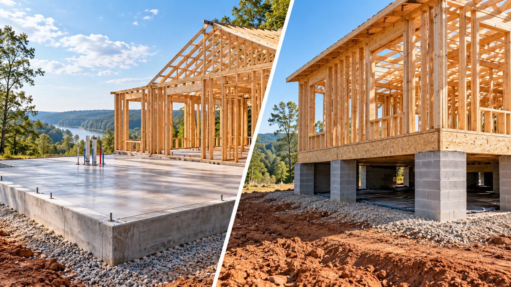 Two wooden house frames on slab vs crawl space Indiana foundations, showing construction stages.